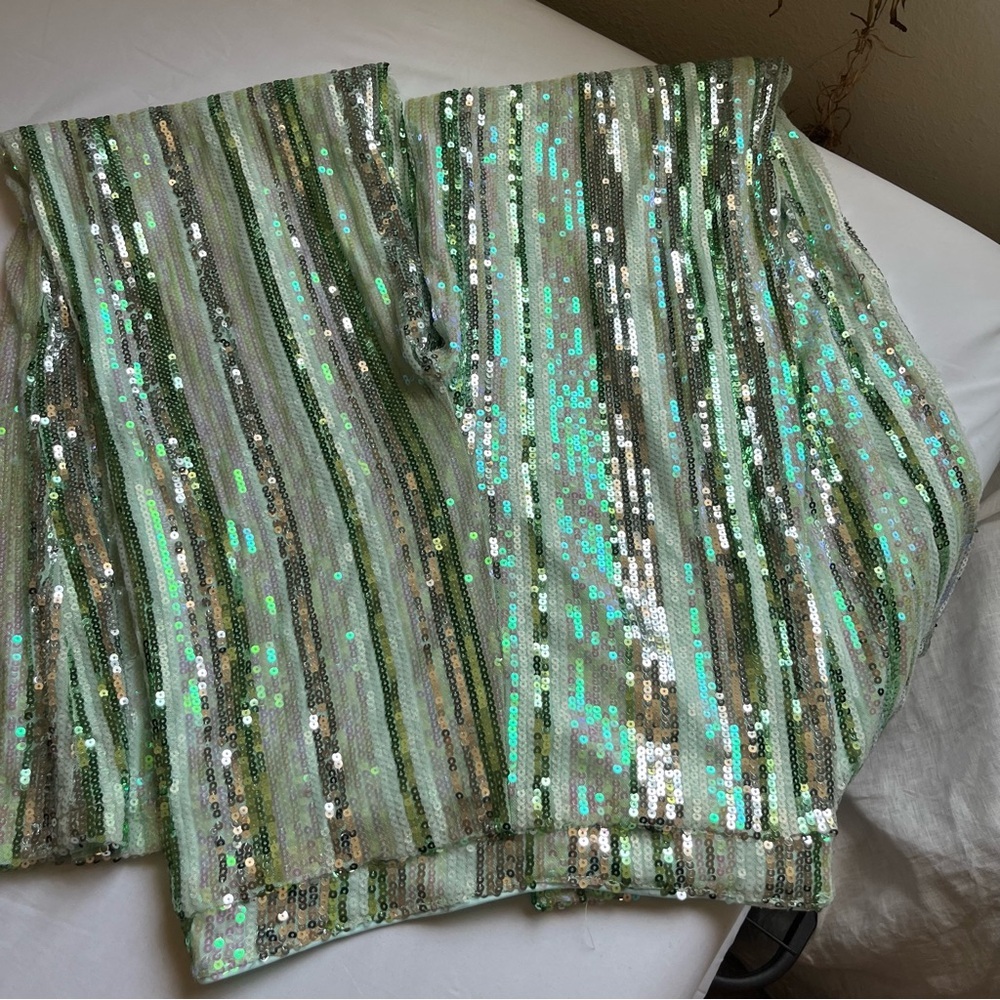FAERIESTY green sequin striped glitter occasion wide flare bootcut leg pants - Picture 5 of 7